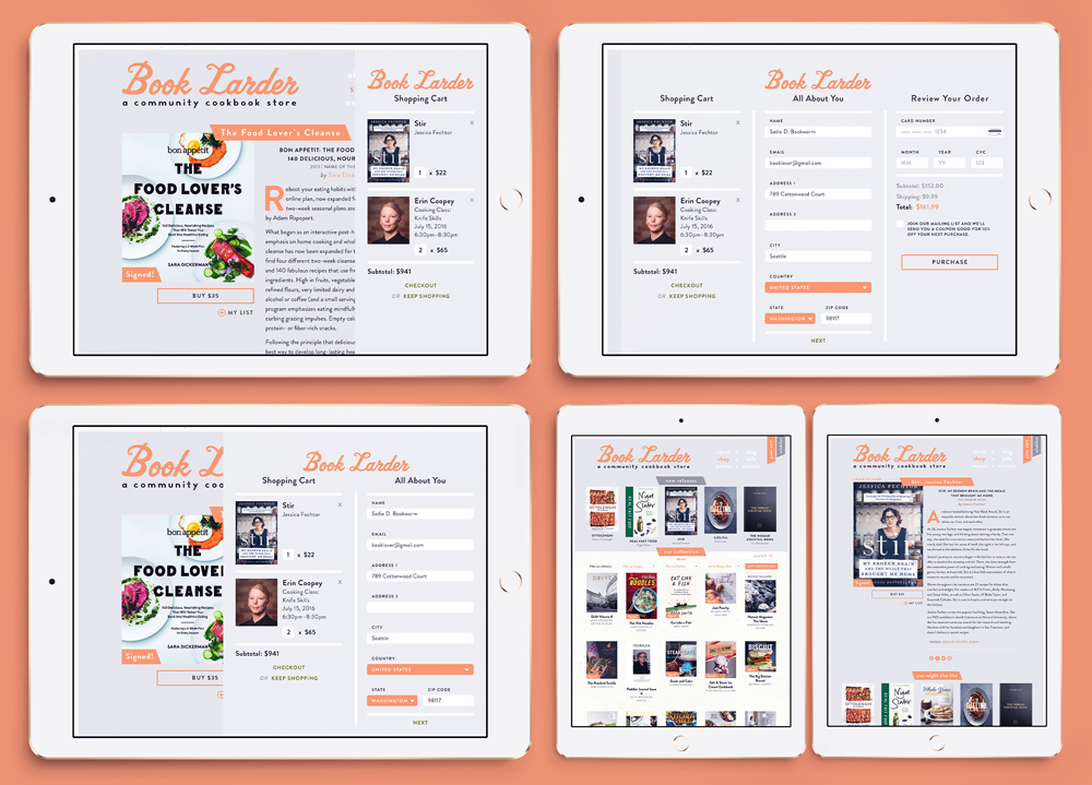 Tablet mockups showing off-canvas cart and payment screens for Book Larder e-commerce site