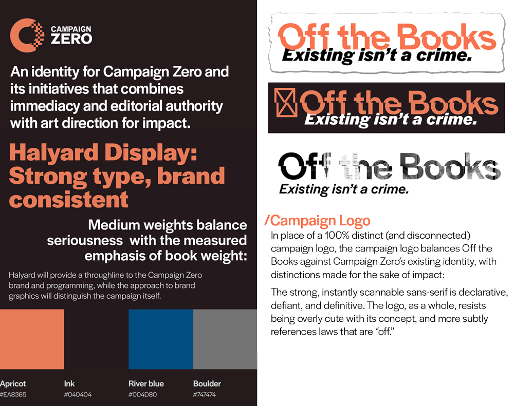 Off the Books brand standards showing type choices and logo variations with offset visual metaphor.