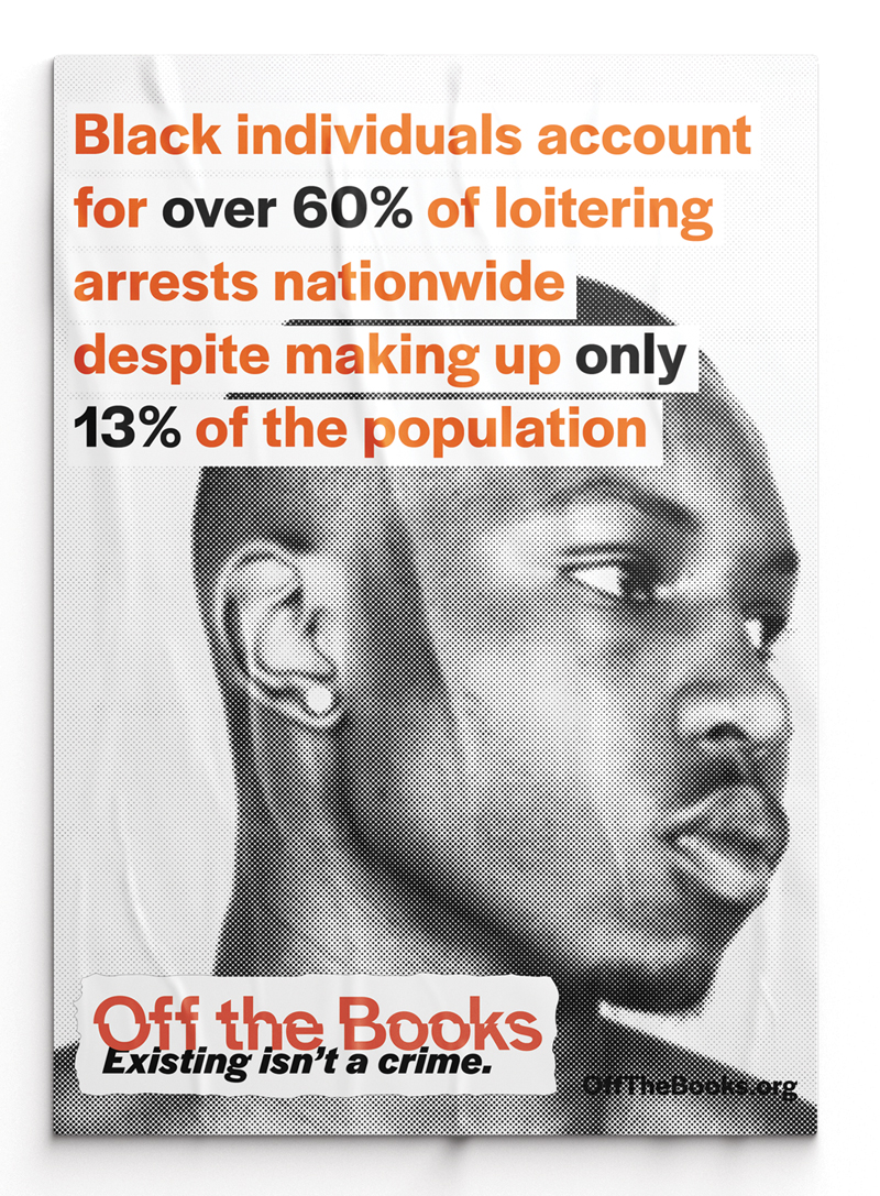Poster for Off the Books featuring arrest statistic over stylized black-and-white image of Black youth.