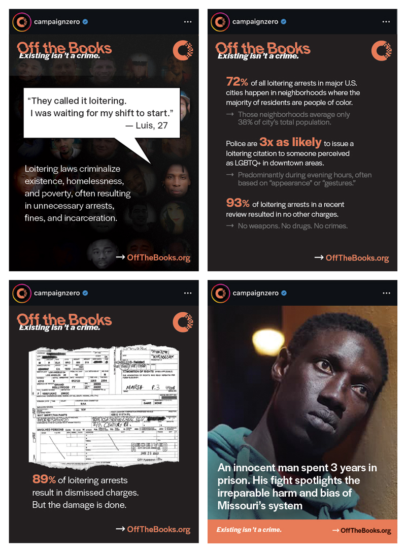 Grid of four Off the Books social graphics combining stats, evidence, and portrait photography.