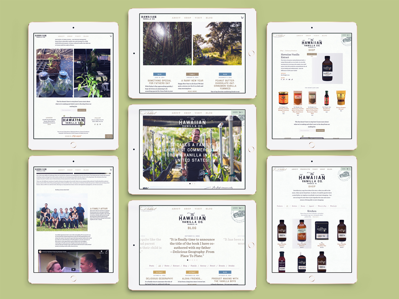 Six iPad screens showing various Hawaiian Vanilla Co. website pages including homepage, product catalog, and checkout