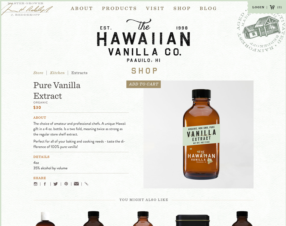 SFull-width product detail page for Hawaiian Vanilla Co. with custom branding, founder signature, and share buttons