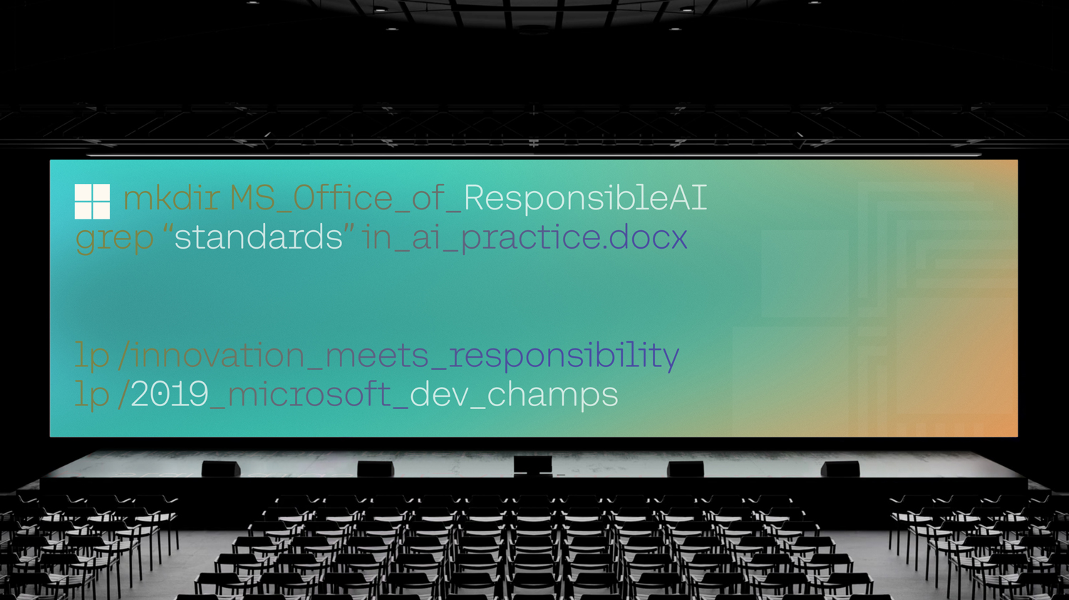 Microsoft conference stage with design evoking a command line interface for Responsible AI developer summit.