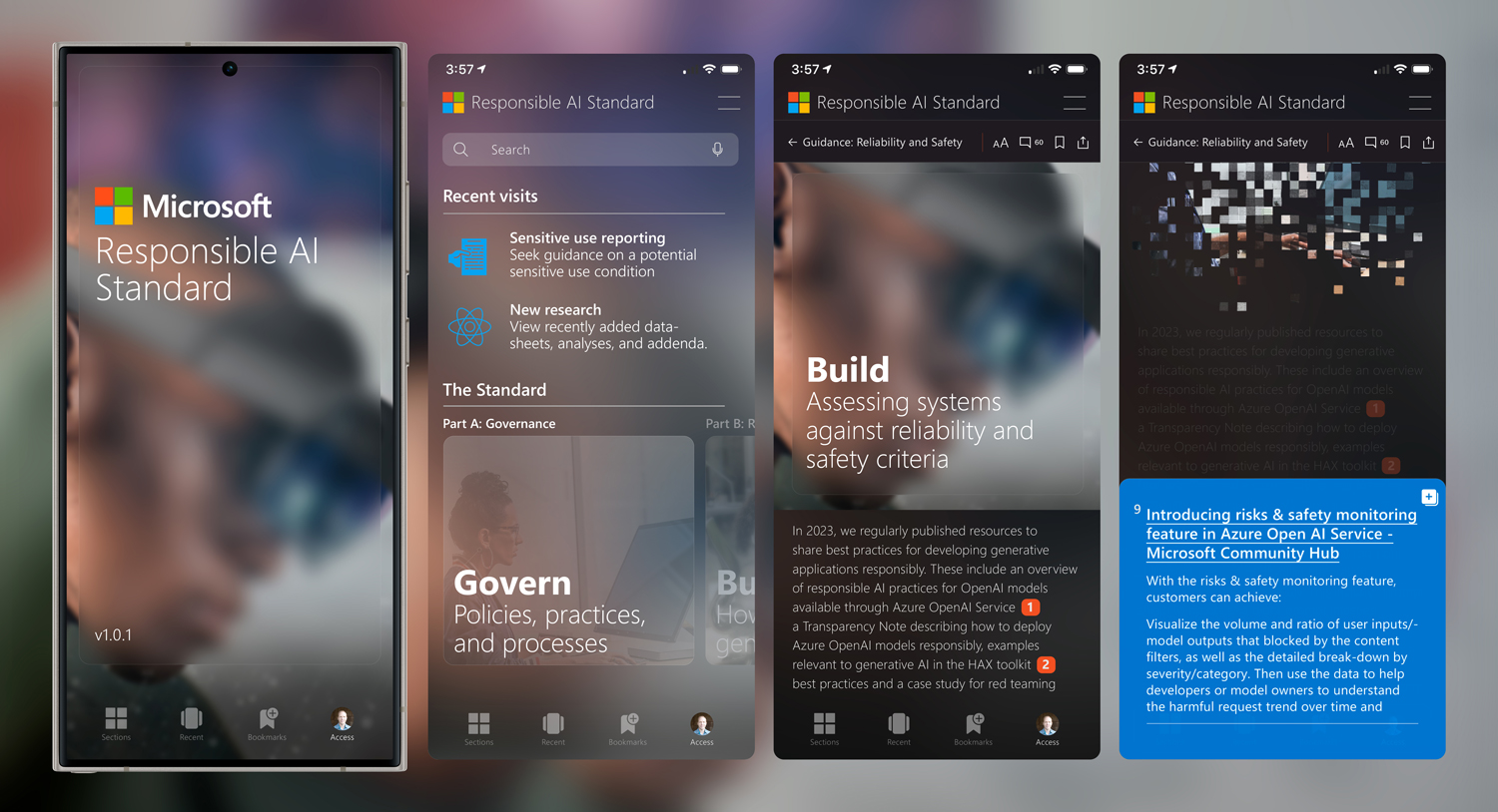 Four mobile screen designs for a Microsoft Responsible AI app including sign-in, document home, article view, and citation tools