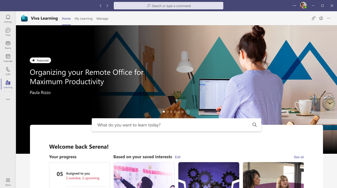 UX design for Microsoft Viva Learning homepage with personalized content, meeting previews, and suggested articles