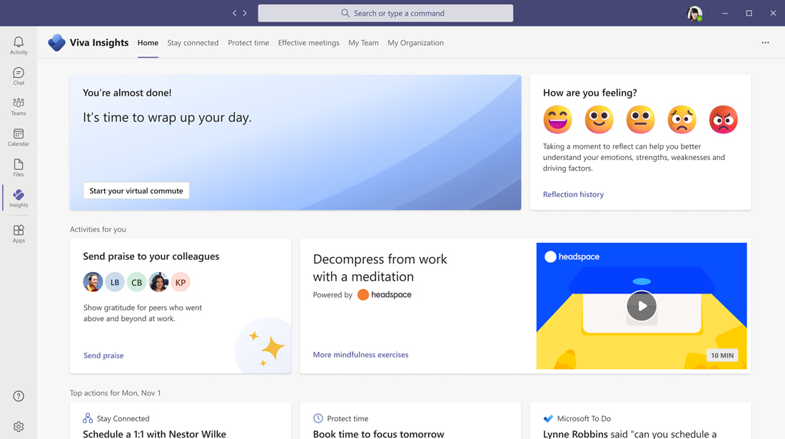 Screenshot of Microsoft Viva Insights interface featuring wellness actions like colleague praise, meditation, and focus time scheduling