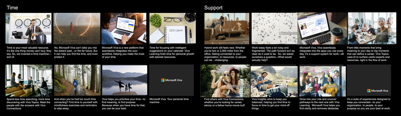 Storyboard sketches and brand storytelling concepts for Microsoft Viva product launch and promotional campaigns