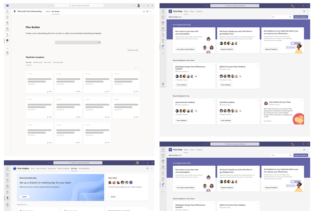 Four modular UI design explorations for Microsoft Viva using card-based layouts aligned with Microsoft Office design standards