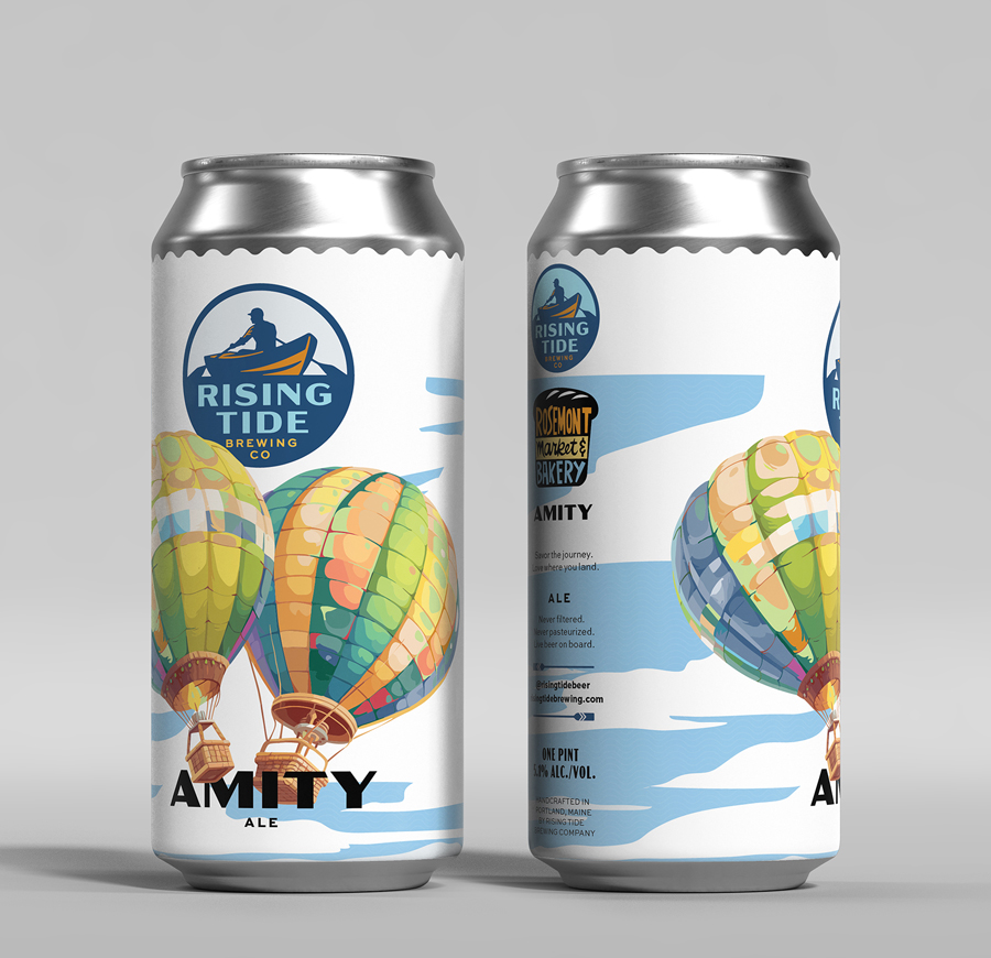 Amity Ale beer can design featuring two illustrated hot air balloons converging in mid-air, symbolizing friendship.