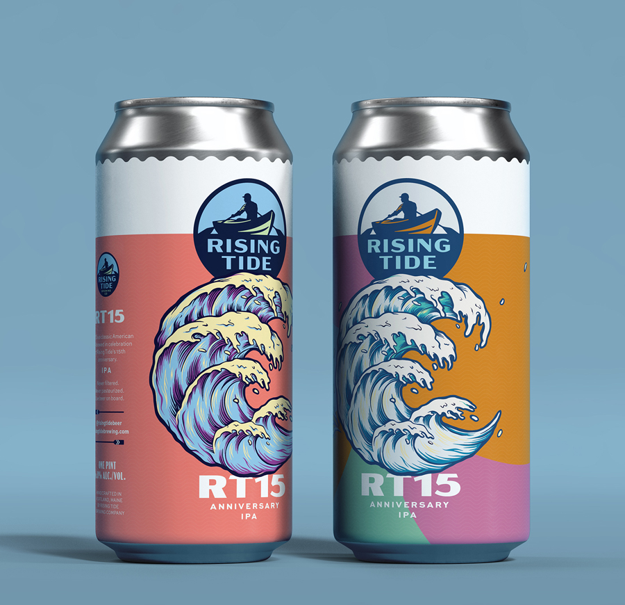 RT15 beer can design featuring stylized Hokusai-inspired waves with metallic chrome accents, celebrating Rising Tide’s 15th anniversary.